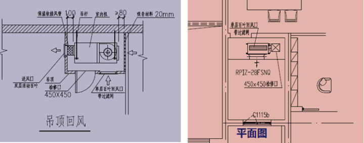 采用吊頂回風(fēng)，風(fēng)管機不采用設(shè)備底板回風(fēng)，而采用后回風(fēng)